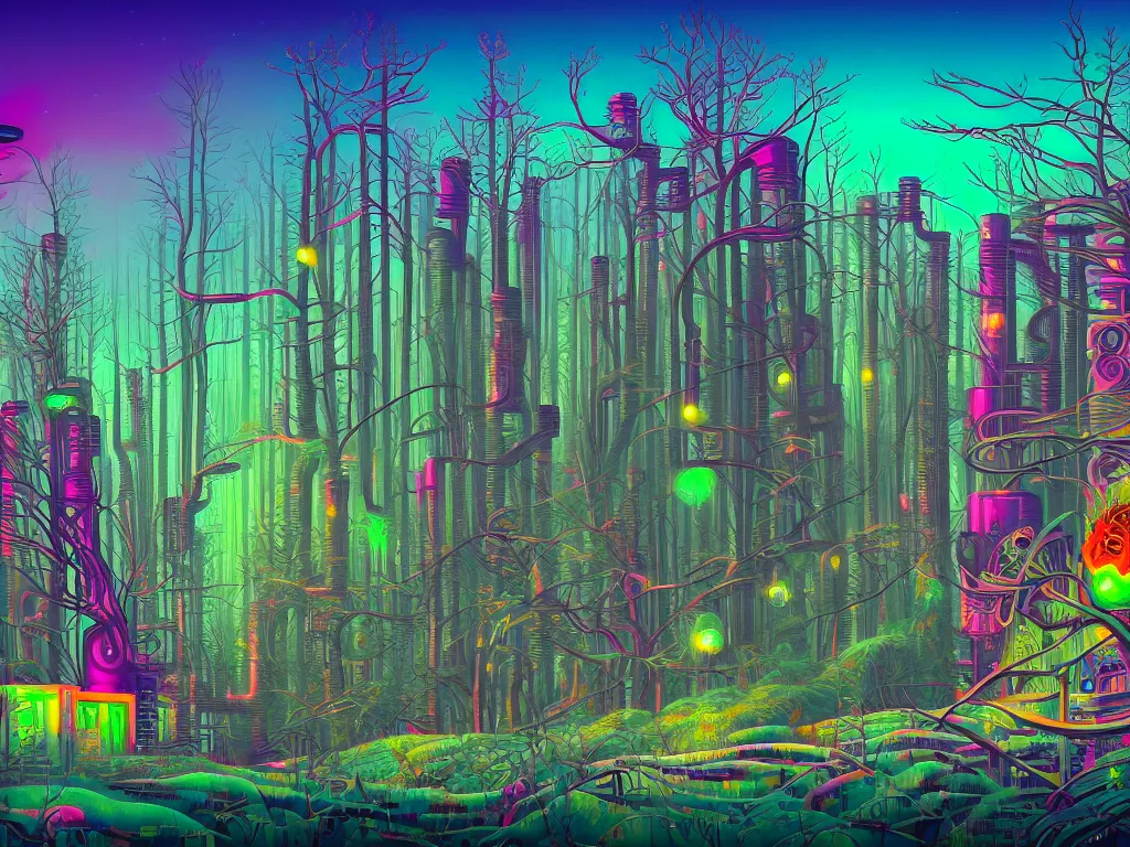 Image similar to forests and glades made of industrial raves on buildings on ice devices on mice in the style of lisa frank and moebius and giger and kubrick, ornate, beautiful, award-winning art, artstation