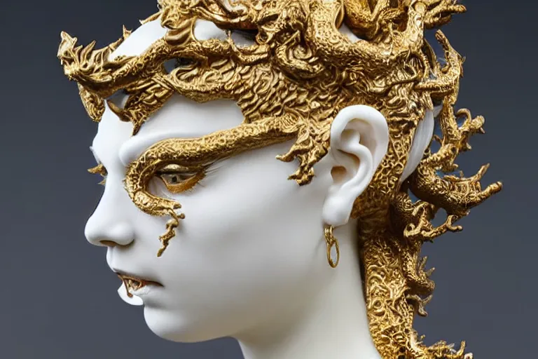 Prompt: full head and shoulders, beautiful female white, porcelain sculpture, with lots of ornate gold leaf 3 d chinese dragons attached to head by daniel arsham and james jean, on a white background, delicate facial features, white eyes, white lashes,