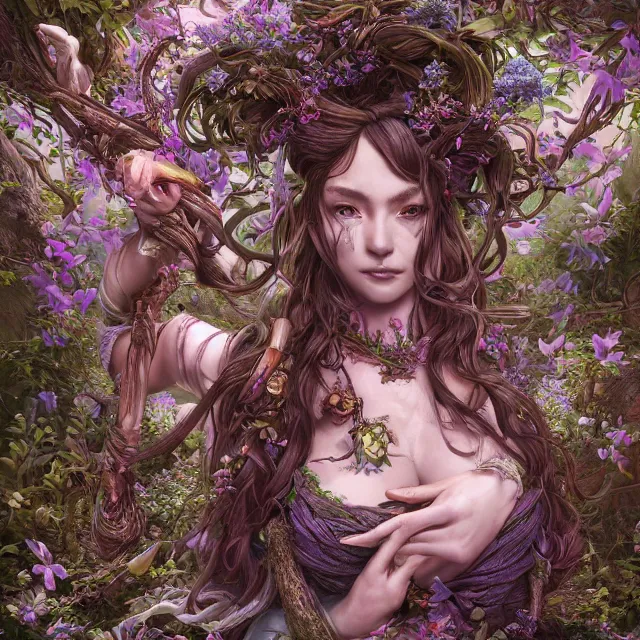 Image similar to the portrait of chaotic good female druid botanist as absurdly beautiful, gorgeous, elegant, young gravure idol, an ultrafine hyperdetailed illustration by kim jung gi, irakli nadar, intricate linework, sharp focus, bright colors, octopath traveler, final fantasy, unreal engine 5 highly rendered, global illumination, radiant light, detailed and intricate environment