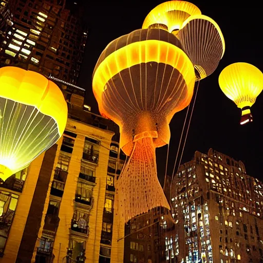 Prompt: at night, nyc, camera looking up, beautiful hot air balloons in a jellyfish shape