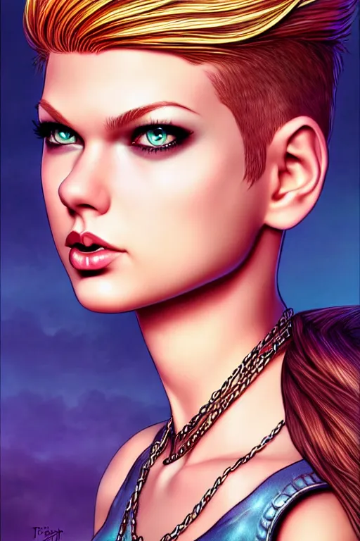 Image similar to sweet teenager with a mohawk who looks like taylor swift, fantasy graphic novel style, by artgerm and jenny frison, intricate, photorealistic, very fine inking lines, extremely detailed, 4k, hd