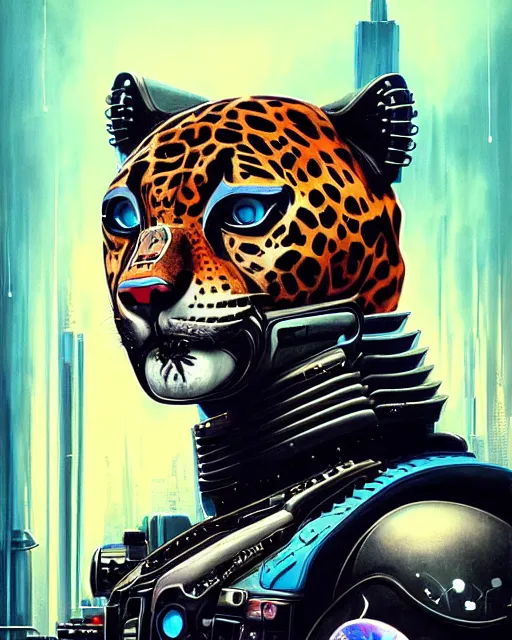 Prompt: a portrait of an anthropomorphic cyberpunk jaguar by sandra chevrier, by jon foster, detailed render, tape deck, epic composition, cybernetics, 4 k realistic, cryengine, realistic shaded lighting, sharp focus, masterpiece, by enki bilal