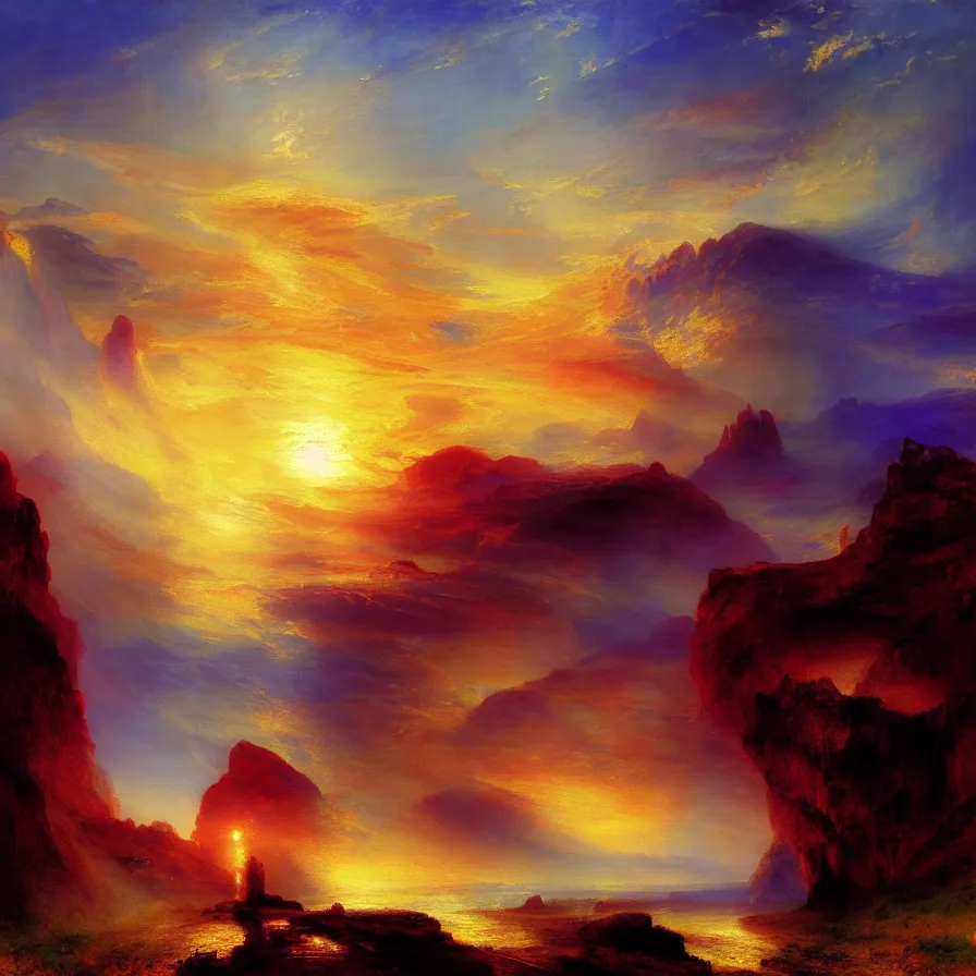 Prompt: artwork of the atmospheric indie album titled :'the eternal road to sunrise ', painted by thomas moran.