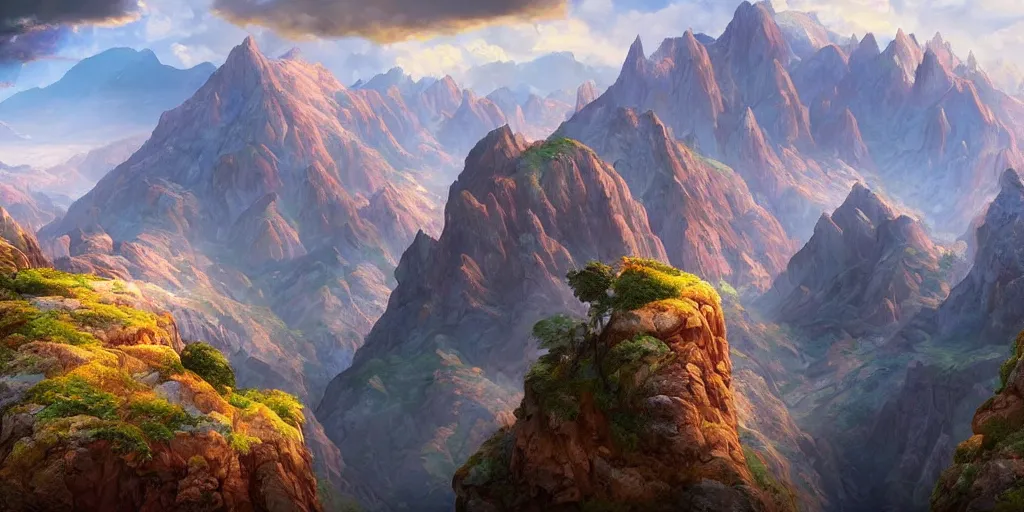 Image similar to beautiful matte painting of large mountains and canyons, fantasy