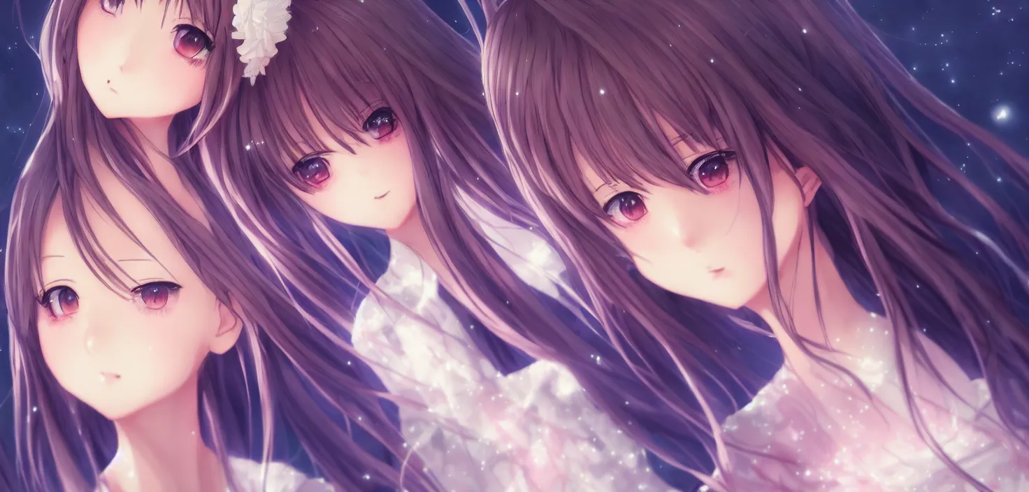 Image similar to portrait two beautiful anime girls wear anime dress closeup | | sunny night, full moon, dreamlike art, realistic shaded, smile, good looking, hyper details, 4 k realistic, cryengine, realistic shaded lighting poster by artgerm, ross tran, fuji choko, 8 k resolution, trending on artstation, luxury