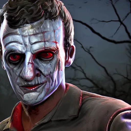 Image similar to screenshot of emmanuel macron as a character in dead by daylight video game
