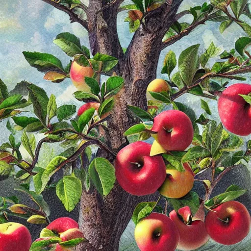 Image similar to apple trees brimming with apples, photorealistic,