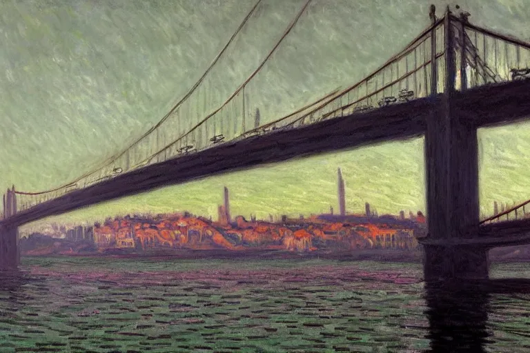 Image similar to Lisbon in 2287, cyberpunk, bridge, dark academia, by Simon Stålenhag and Claude Monet, oil on canvas