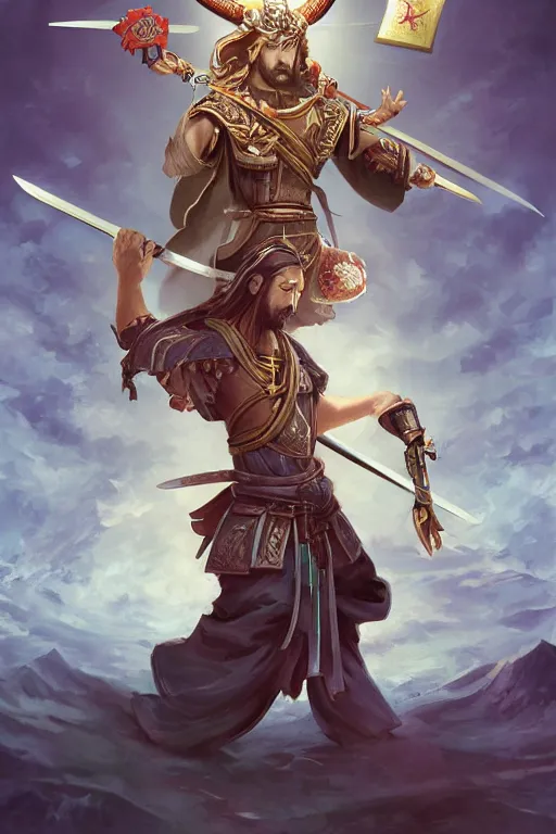 Image similar to A card with description and status of samurai Jesus Christ holding a Sacred Heart armor and katana, card game, card, trade card game, Artifact Dota2, by Stanley Artgerm Lau, WLOP, Rossdraws, James Jean, Andrei Riabovitchev, Marc Simonetti, Yoshitaka Amano, ArtStation, CGSociety,