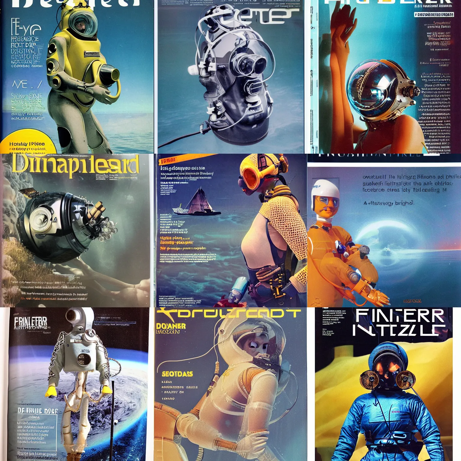 Prompt: beautiful photo in style of frontiers in human deep diving helmet science fashion magazine September retrofuturism edition, highly detailed, soft lighting