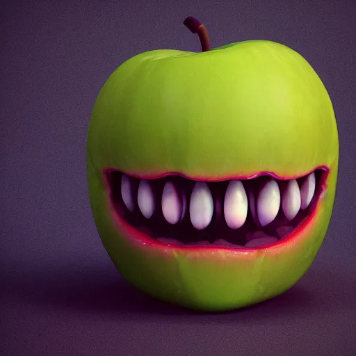 Image similar to An apple with monster teeth and horns, photorealistic, 4k, octane render, dark, scary, mist