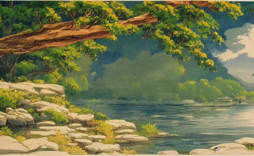 Image similar to a beautiful landscape painted by the best painters of the hudson river's school in the style of studio ghibli