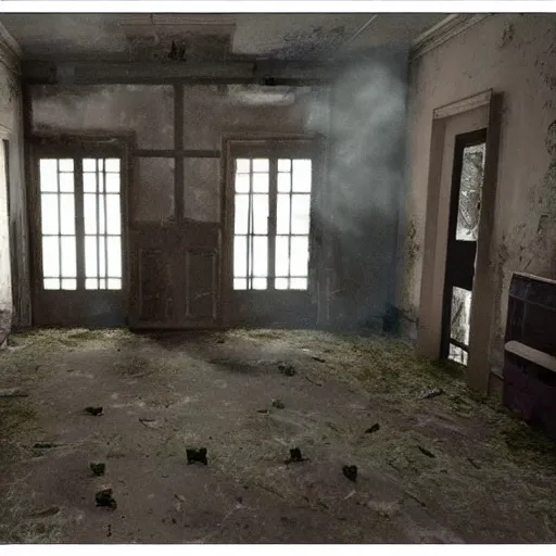 Image similar to a small long room the room is dirty in the right side there is a window you can't see anything because there's a fog in the right window in the left side there is a door in the other side of the door they are a couple of zombies getting the door the door is almost broken because of the zombies zombie apocalypse style