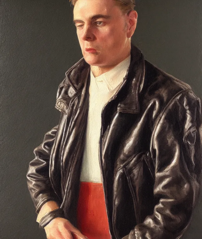 Prompt: a very detailed portrait of a man, wearing an 8 0 s leather jacket with big shoulder pads, very aesthetic leather jacket, detailed leather jacket, front view, in the style of edward hopper and oswald hornby joseph birley and susan ryder, very small brushstrokes, 4 k,