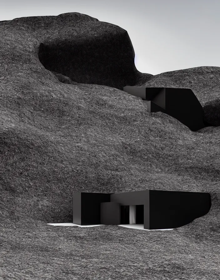 Image similar to tall black geometric house, embedded in lava cliff, full view, black house, molten metal house, minimal, rippled white landscape, dwarven architecture, light from molten iron, octane render, hyper realistic, 8 k, octane render