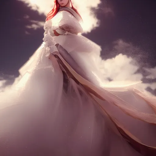 Prompt: beautiful girl portrait in full gown blowing clouds, beautiful portrait, character concept style trending on artstation concept art detailed octane render cinematic photo - realistic 8 k high detailed