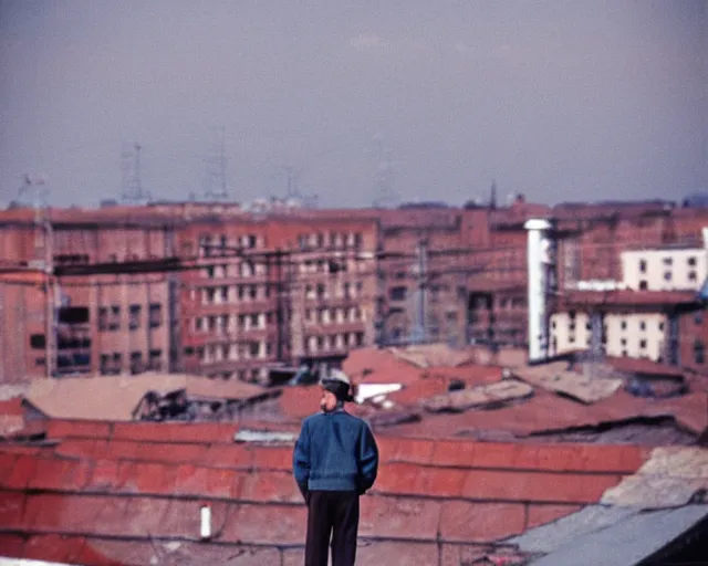 Image similar to lomo photo of man standing on the roof of soviet hrushevka, small town, cinestill, bokeh, out of focus