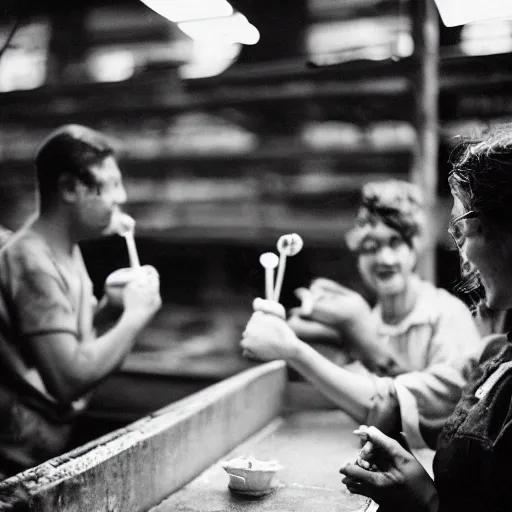 Image similar to factory workers enjoying an ice cream during work, dark, factory, grey tone, old photo grain