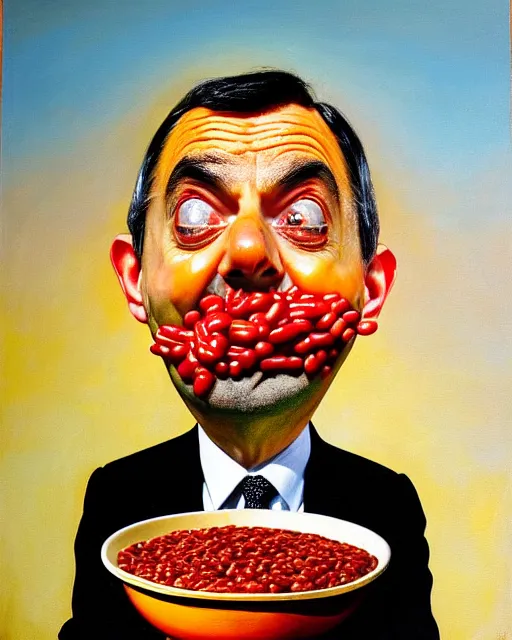 Image similar to portrait of mr bean's face in a bowl full of baked beans, face covered in beans and tomato sauce, baked beans covering his eyes, a pile of baked beans on his head, his mouth wide open and full of baked beans, overflowing with baked beans, muted colors, surrealist oil painting, highly detailed