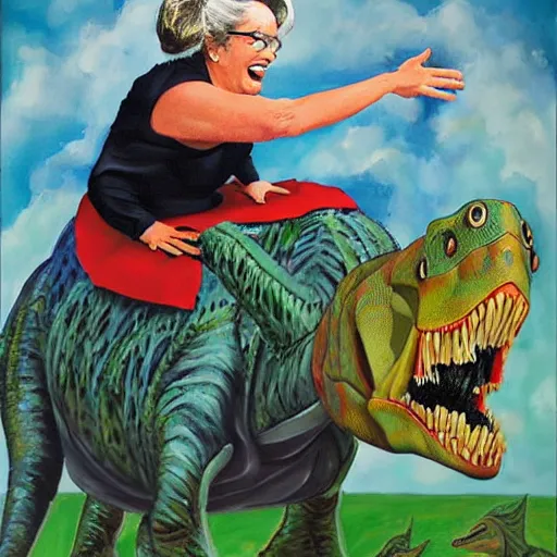 Image similar to postmodern painting of mrs doubtfire riding a dinosaur