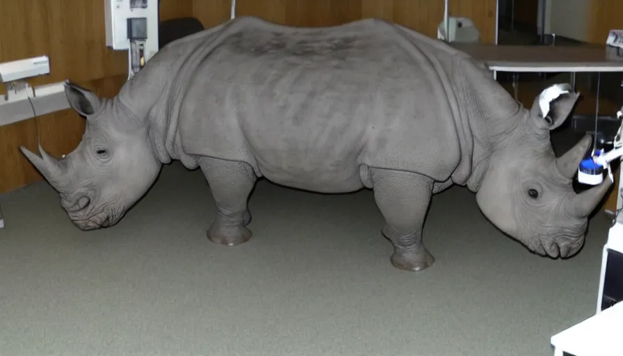 Image similar to a rhinoceros in a hospital, by mini dv camera, very very low quality, heavy grain, very blurry, accidental flash, webcam footage, found footage, security cam, caught on trail cam