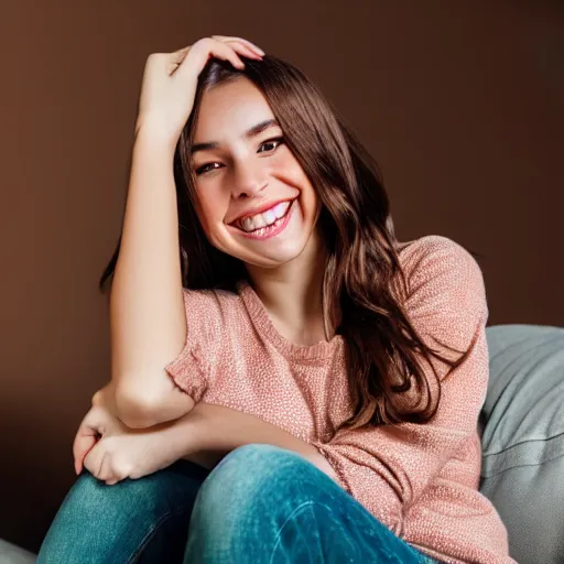 Image similar to a cute young woman smiling, long shiny bronze brown hair, full round face, green eyes, medium skin tone, light cute freckles, smiling softly, wearing casual clothing, relaxing on a modern couch, interior lighting, cozy living room background, medium shot, mid-shot, soft focus