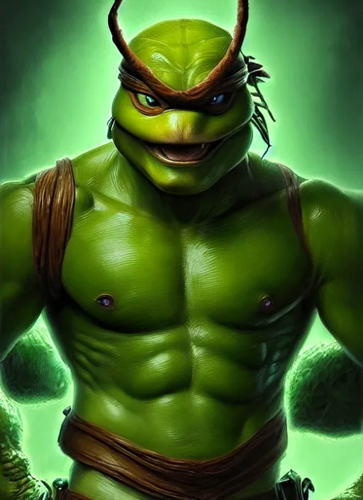 Image similar to portrait of aggressive leonardo from teenage mutant ninja turtle, d & d, muscular! turtle shell in the back!, fantasy, intricate, elegant, highly detailed, green skin!, digital painting, artstation, concept art, smooth, sharp focus, illustration, art by artgerm and greg rutkowski and alphonse mucha