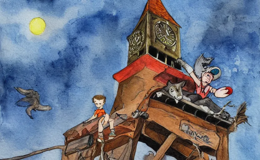 Image similar to a boy fighting a wolf on the edge of a clocktower, by taylor barron, watercolor, print