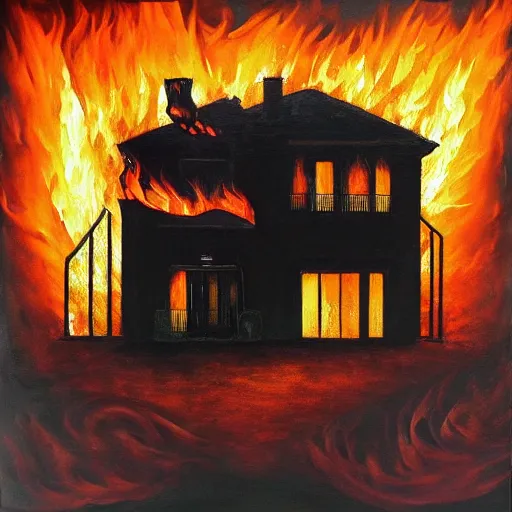 Image similar to Kanye Donda listening party house, dark oil painting, flames, fire