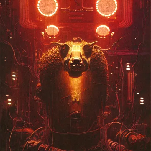 Prompt: robot cyborg hyena, many eyes, exposed wiring, glowing lights, highly detailed beksinski art, cyberpunk