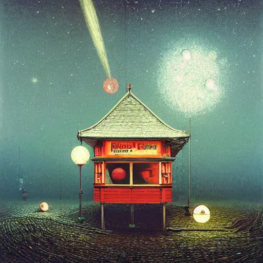 Image similar to kentucky fried chicken unified, lively by john atkinson grimshaw, by gediminas pranckevicius. a beautiful digital art. the abyss above him shone with unflickering stars. one of the dots of light was earth. he didn't know which one.