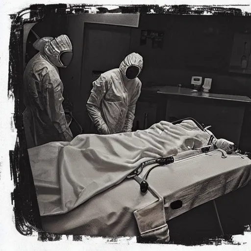 Prompt: an alien autopsy, realistic, vintage, grainy, old style photo, sepia, dark, medical lighting, masked doctors