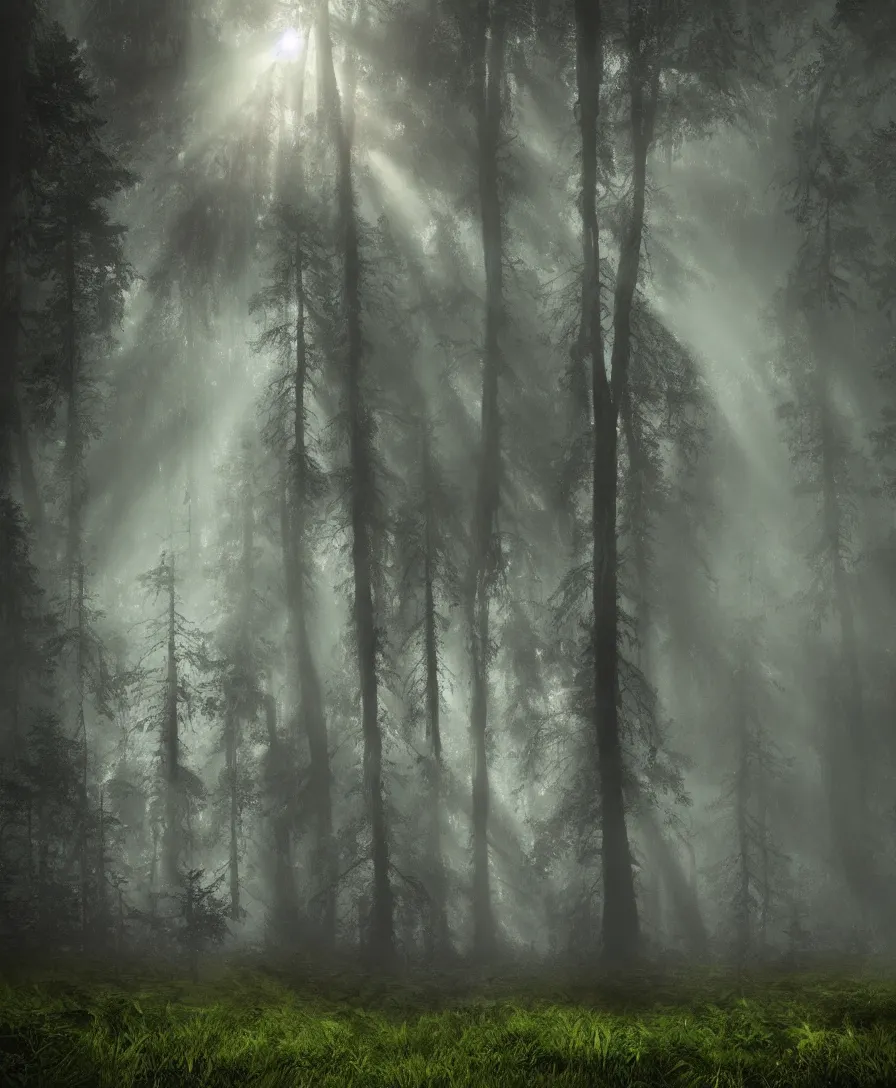 Image similar to dark forest mysterious creepy mist fog haze sunbeam matte painting concept art hyperreal ue5 unreal bob ross