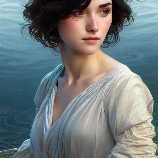 Image similar to full body portrait of a woman with short wavy hair, round face, cottagecore!!, lake water, intricate, enlightenment, highly detailed, digital painting, artstation, concept art, smooth, sharp focus, illustration, art by artgerm and greg rutkowski and alphonse mucha