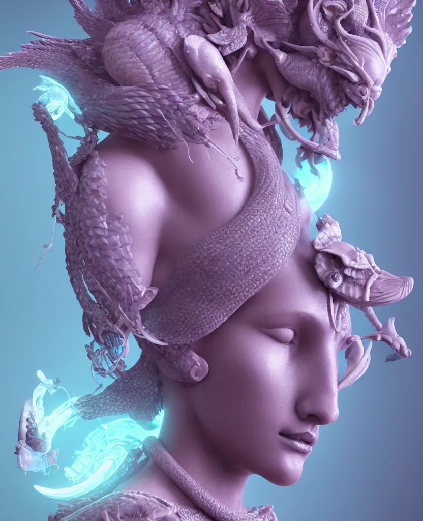 Image similar to goddess sculpture close-up portrait. orchid bird phoenix head, nautilus, skull, betta fish, bioluminiscent creatures, intricate artwork by Tooth Wu and wlop and beeple. octane render, trending on artstation, greg rutkowski very coherent symmetrical artwork. cinematic, hyper realism, high detail, octane render, 8k