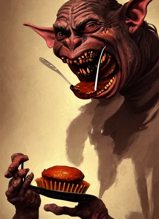 Image similar to portrait of a medieval goblin eating cakes, beautiful face, hyper realistic, highly detailed, digital painting, artstation, illustration, concept art by hyung tae and frank frazetta, digital paint, matte paint, washed colors, dark, gloomy