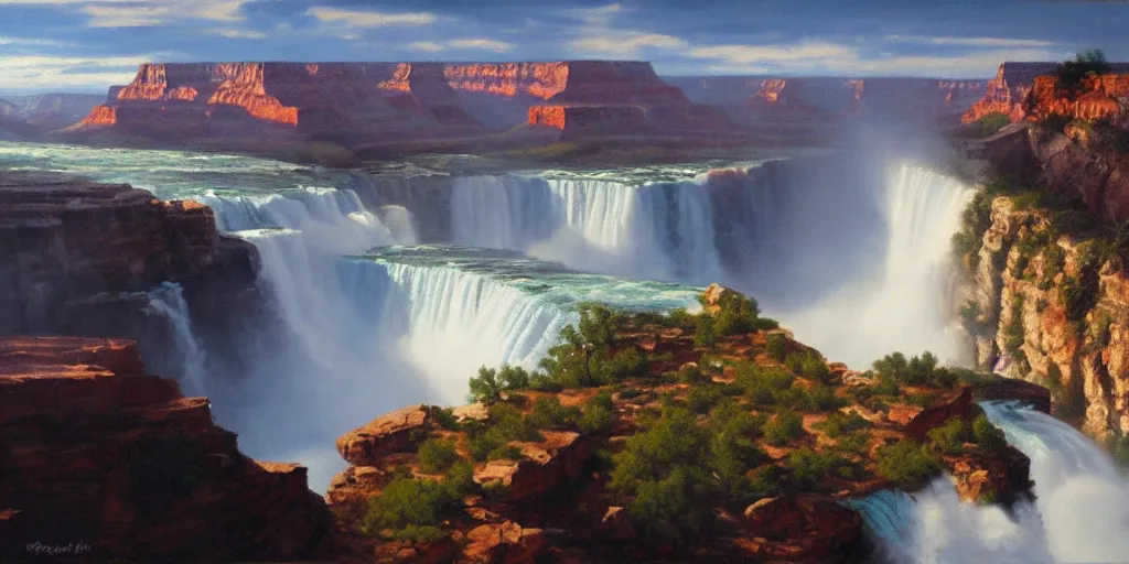 Image similar to Grand Canyon, Niagara Falls, cinematic lighting, detailed oil painting, hyperrealistic, 8k