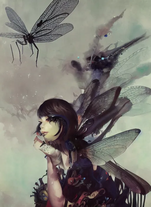 Image similar to surreal gouache painting, by yoshitaka amano, by ruan jia, by Conrad roset, by good smile company, detailed anime 3d render of a magical Dragonfly flying on a DJ mixer, portrait, cgsociety, artstation, rococo mechanical and electronic, dieselpunk atmosphere