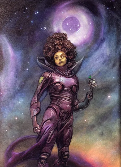 Image similar to portrait of female space ranger, night sky background, beautiful! coherent! by brom, by brian froud, deep color, strong line, high contrast