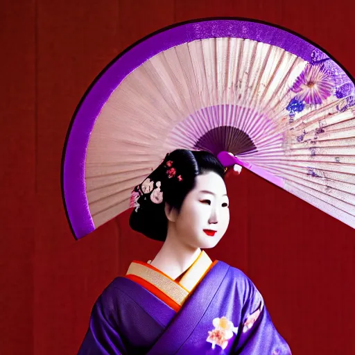 Image similar to Japanese geisha with beautiful violet paper fan, 4k photography, 30 mm lens, cinematic light, warm atmosphere, in style of Kar Wai Wong