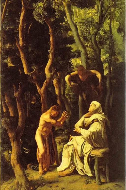 Image similar to artemisia gentileschi oil painting cloaked men trading animals in the woods