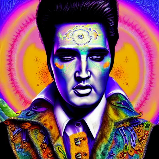 Image similar to an extremely psychedelic portrait of elvis, surreal, lsd, face, detailed, intricate, elegant, lithe, highly detailed, digital painting, artstation, concept art, smooth, sharp focus, illustration