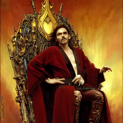 Image similar to perfectly centered portrait of attractive vampire king in a robe sitting on a throne of bones, highly detailed painting by gaston bussiere, craig mullins, j. c. leyendecker, 8 k