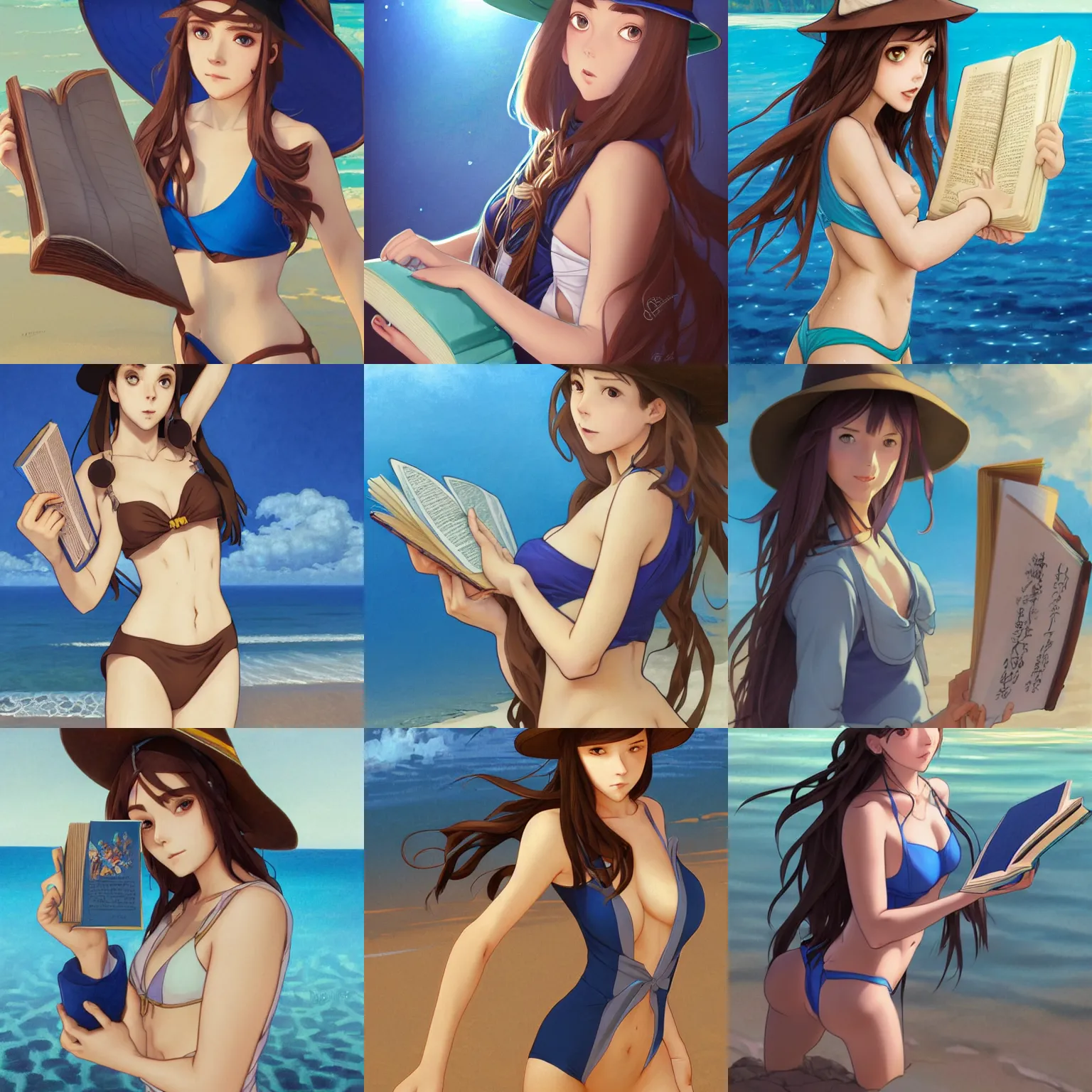 Prompt: portrait of a female wizard with brown hair wearing a blue wizard's hat and blue swimsuit holding a book at the beach, half body, single subject, ambient lighting, highly detailed, digital painting, trending on pixiv fanbox, studio ghibli, extremely high quality artwork, art by ross tran and artgerm and makoto shinkai and alphonse mucha