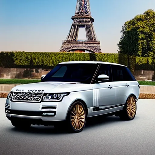 Image similar to range rover car in the shape of a balloon flying in front of the eiffel tower, photo realistic, golden hour
