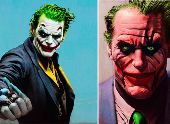 Image similar to a still from the movie avengers : infinty war, a still from the film joker in style of francis bacon and norman rockwell and james jean, a still from the movie the godfather, and mark brooks, triadic color scheme, by greg rutkowski, syd mead and edward hopper and norman rockwell and beksinski, dark surrealism