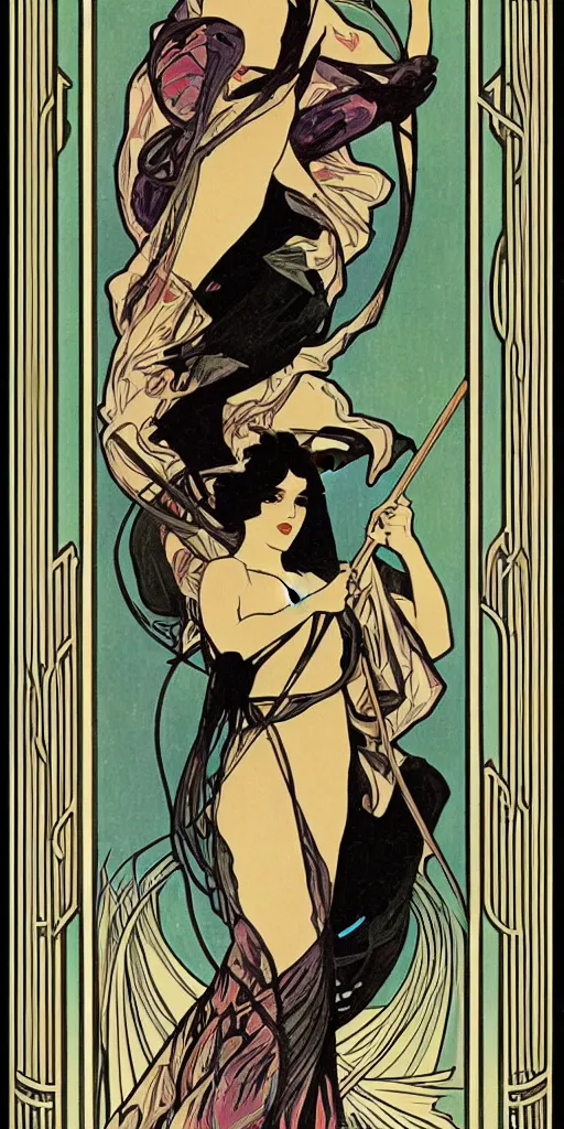 Prompt: an art deco illustration of the grim reaper on a tarot card with an elegant border by alphonse mucha