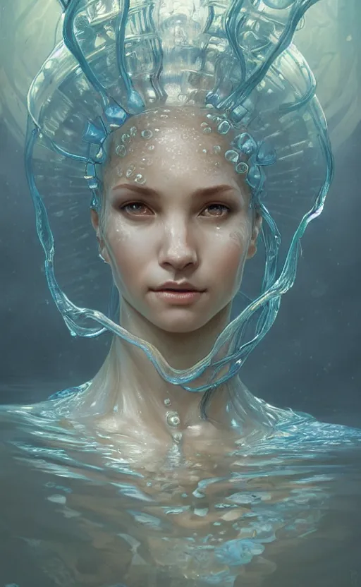 Prompt: portrait of a water creature, a humanoid with translucent skin, made of pure water, concept art, deep focus, fantasy, intricate, highly detailed, digital painting, artstation, matte, sharp focus, illustration, art by artgerm and greg rutkowski and alphonse mucha