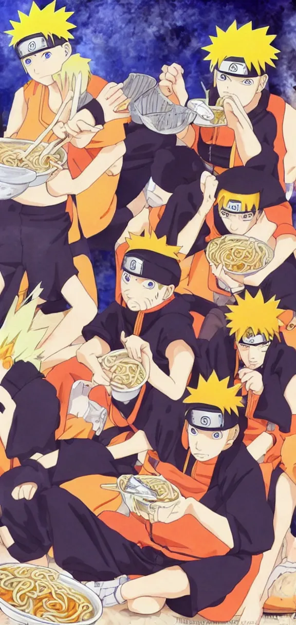 Image similar to naruto eating ramen on a basketball court, anime art