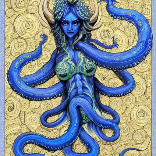 Image similar to kali is a goddess, she has blonde hair and blue eyes, and has the ability to form tentacles. 8 k fantasy art, highly detailed and intricate illustration